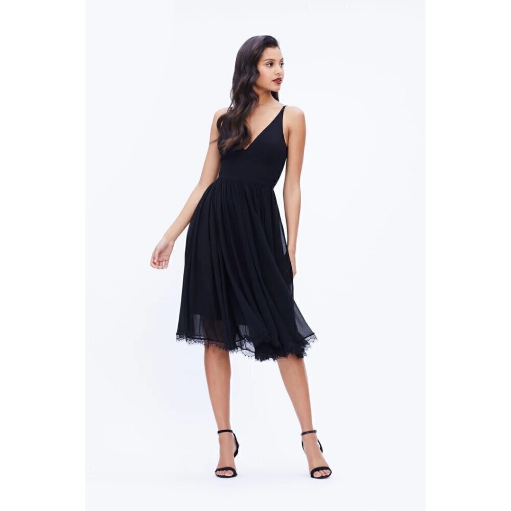 DRESS THE POPULATION Alicia Mixed Media Midi Dress in Black Size Small